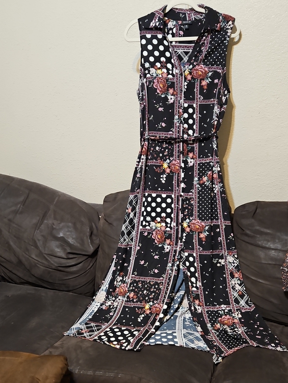 torrid Black Maxi Dress with Pink Rose & Polka Dot Patchwork